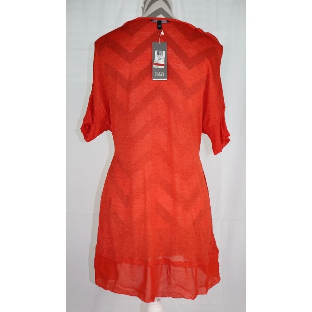 NWT Eileen Fisher Silk Tussah Jersey Chiffon Trim Tunic Top Red XS *READ*